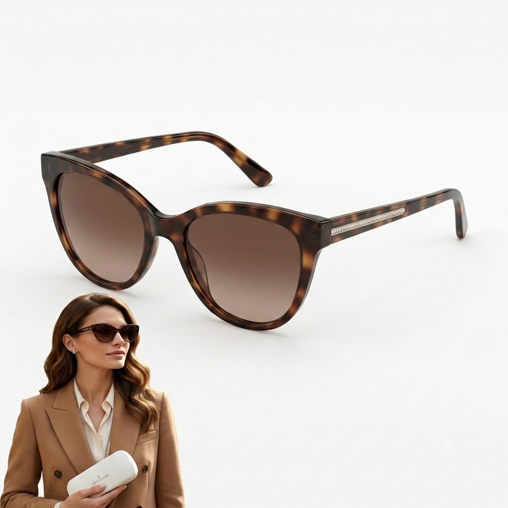Swarovski Brown Tortoiseshell Cat Eye Sunglasses with Crystal Temples and Case